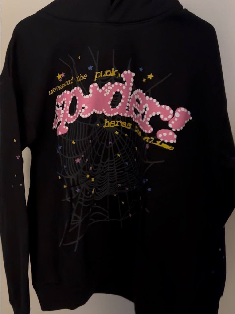Black Graphic Hoodie with Pink Polka-Dot Script